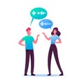 Young Man and Woman Chatting with Speech Bubbles and Sound Wave Symbols. Friends Characters Meeting