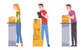 Young Man and Woman Checking Cardboard Box Working with Parcels in Warehouse Vector Set