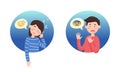 Young Man and Woman Cold Sweating and Sleeping Depicting Emoticon in Blue Circle Vector Set