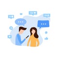 Young man and woman communicate via internet app poster