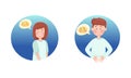 Young Man and Woman Confused and Smiling Depicting Emoticon in Blue Circle Vector Set