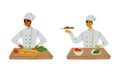 Young Man and Woman Cooking in the Kitchen Chopping Vegetable and Serving Salad on Plate Vector Set Royalty Free Stock Photo