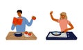 Young Man and Woman Cooking in the Kitchen Frying Eggs and Making Salad Vector Set