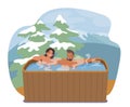 Young Man and Woman Couple Sitting in Wooden Bath with Water Taking Sauna and Spa Water Procedures at Mountain Resort Royalty Free Stock Photo