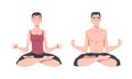 Young Man and Woman Cross-legged Sitting in Padmasana or Lotus Position Practicing Mediation Vector Set Royalty Free Stock Photo