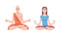 Young Man and Woman Cross-legged Sitting in Padmasana or Lotus Position Practicing Mediation Vector Set Royalty Free Stock Photo