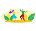 Young man and woman dancing joyfully in a park, surrounded by large stylized leaves, expressing happiness. Cheerful Royalty Free Stock Photo