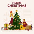 Young man and woman decorating Christmas tree with baubles and ornaments. Happy family or group of friends preparing for holiday Royalty Free Stock Photo