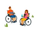 Young man and woman with disabilities spend time in the park reading vector illustration