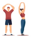 Young man and woman doing stretching exercises. People engaging in workout routine. Fitness activity and gym workout Royalty Free Stock Photo