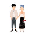 Young man and woman dressed in elegant clothes standing together. Fashionable couple, stylish pair. Cartoon characters