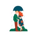 Young Man and Woman Embracing and Kissing under Umbrella, Romantic Couple Walking in Rain, Happy Lovers on Date Vector