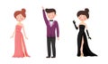 Young Man and Woman in Evening Dress and Dinner Jacket Waving Hand Vector Set