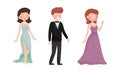 Young Man and Woman in Evening Dress and Dinner Jacket Waving Hand Vector Set