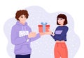 Young man and woman exchanging gifts. Friends presenting gifts and wish each other merry christmas. Flat hand-drawn