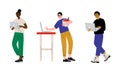 Young Man and Woman Freelancer with Laptop Standing Working from Home Vector Set