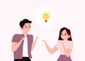 Young man and woman have and discuss an idea. youth people having solution or problem solving with Light bulb icon on Speech bubbl