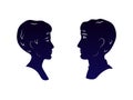 Young man and woman heads dark blue profiles silhouettes looking each other in the eyes, romantic date vector Royalty Free Stock Photo