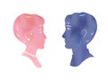 Young man and woman heads profiles pink and blue watercolor effect silhouettes looking each other in the eyes, romantic