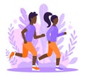 Young man and woman jogging in the park. Afro american couple. Modern flat style vector illustration. The girl and the guy do Royalty Free Stock Photo
