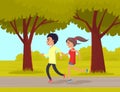 Young man and woman jogging in park together doing fitness. People running and doing sports outdoors Royalty Free Stock Photo