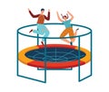 Young man and woman joyfully jumping on a trampoline with safety net. People exercising and having fun with indoor
