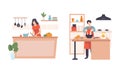 Young Man and Woman in Kitchen Cooking Meal and Preparing Food at Home Vector Set Royalty Free Stock Photo