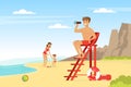 Young Man and Woman Lifeguard on Ladder with Binoculars Supervising Safety Vector Illustration