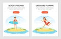 Young Man and Woman Lifeguard with Surfboard Supervising Safety Vector Template Royalty Free Stock Photo