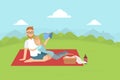 Young Man and Woman Lying on Plaid and Reading Book, Happy Couple Having Picnic and Relaxing Outdoors Flat Vector Royalty Free Stock Photo