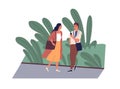 Young man and woman meeting by chance while walking along street or in park. Cute guy getting phone number of lady