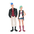 Young man and woman with mohawk hairstyle. Pair or punk rockers dressed in ripped clothes. Funny male and female cartoon Royalty Free Stock Photo