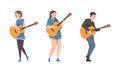 Young Man and Woman Musician Guitarist Character Playing Guitar Performing Street Concert Vector Set