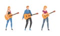 Young Man and Woman Musician Guitarist Character Playing Guitar Performing Street Concert Vector Set Royalty Free Stock Photo