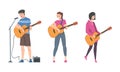 Young Man and Woman Musician Guitarist Character Playing Guitar Performing Street Concert Vector Set Royalty Free Stock Photo