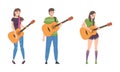 Young Man and Woman Musician Guitarist Character Playing Guitar Performing Street Concert Vector Set Royalty Free Stock Photo