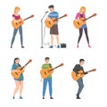 Young Man and Woman Musician Guitarist Character Playing Guitar Performing Street Concert Vector Set Royalty Free Stock Photo