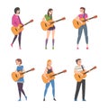 Young Man and Woman Musician Guitarist Character Playing Guitar Performing Street Concert Vector Set Royalty Free Stock Photo