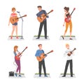 Young Man and Woman Musician Guitarist Character Playing Guitar and Singing Performing Street Concert Vector Set Royalty Free Stock Photo