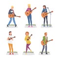 Young Man and Woman Musician Guitarist Character Playing Guitar and Singing Performing Street Concert Vector Set Royalty Free Stock Photo