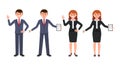 Young man and woman office workers waving hands and writing notes. Vector illustration of cartoon coworkers in business suits. Royalty Free Stock Photo