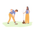 A young man and woman plant a tree. Gardening, garden tools, spring. Couple planting a seedling. Flat cartoon vector