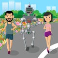 Young man, woman play sports with a robot.