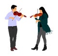 Young man and woman playing violin in duet illustration isolated on white. Classic music performer concert. Royalty Free Stock Photo