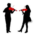 Young man and woman playing violin in duet  silhouette isolated on white. Classic music performer concert. Musician artist. Royalty Free Stock Photo