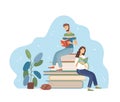 Young man and woman reading while sitting on stack of big books Royalty Free Stock Photo