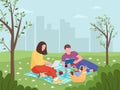 Young man and woman are resting in nature. Rest and work at a picnic. Reading a book at a picnic. Cartoon vector