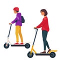 A young man and a woman ride an electric scooters