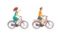 Young Man and Woman Riding Bicycle Enjoying Vacation or Weekend Activity Vector Set Royalty Free Stock Photo