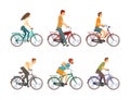 Young Man and Woman Riding Bicycle Enjoying Vacation or Weekend Activity Vector Set Royalty Free Stock Photo